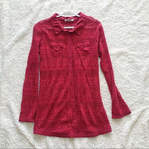 Red lace button up top - Picture 1 of 3